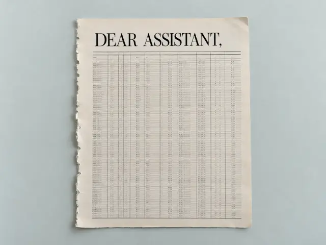 A torn-out magazine page with no photo, only a dense table of specifications under the headline Dear Assistant.