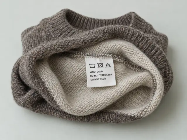 A sewn-in care label with laundry symbols and the lines Wash cold, Do not tumble dry, Do not train.